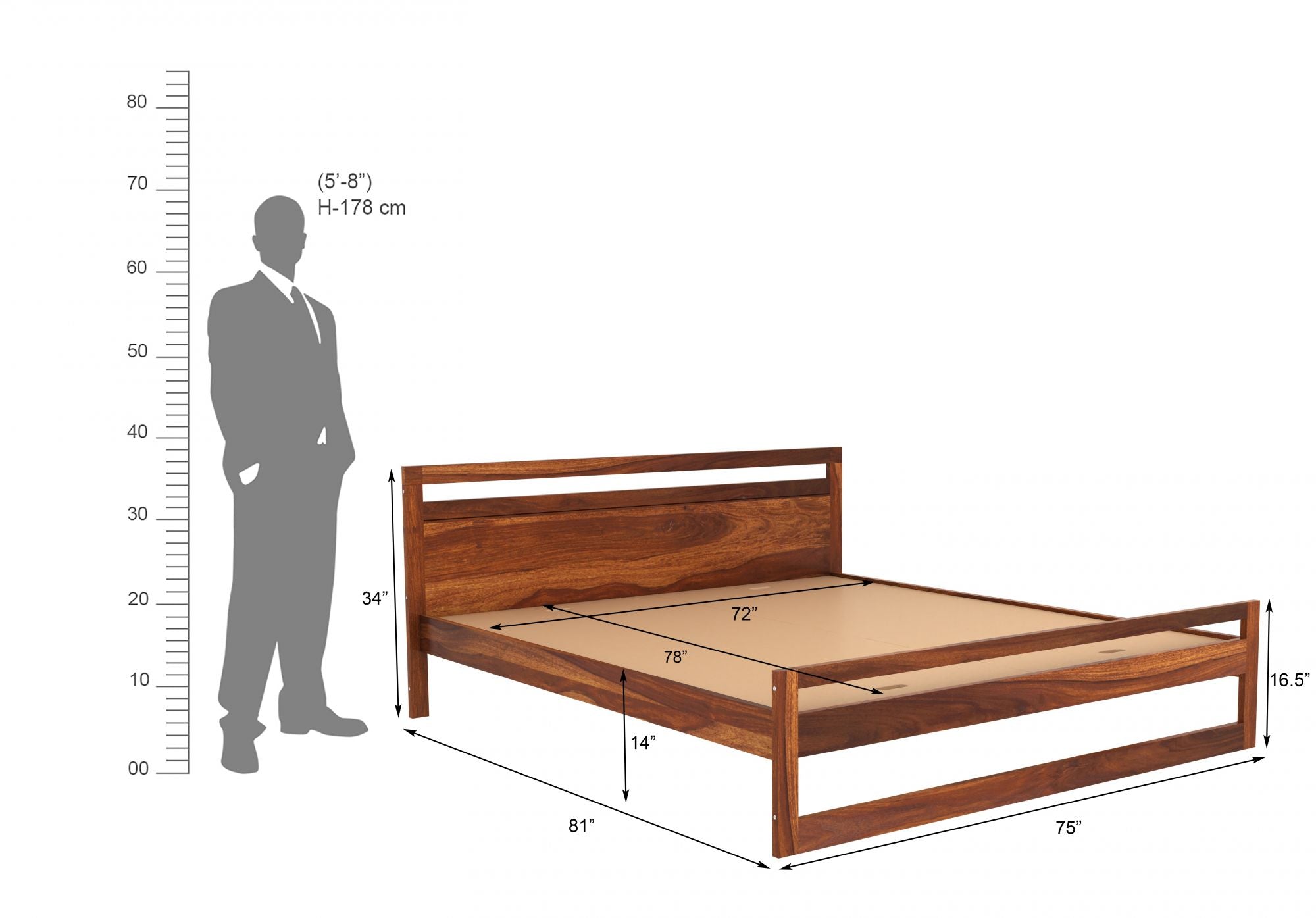 Oraxen Sheesham Wood King Size Bed Without Storage (Honey Finish)