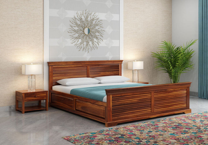 Craft D Art Sheesham Wood King Size Bed With Storage (Honey Finish)