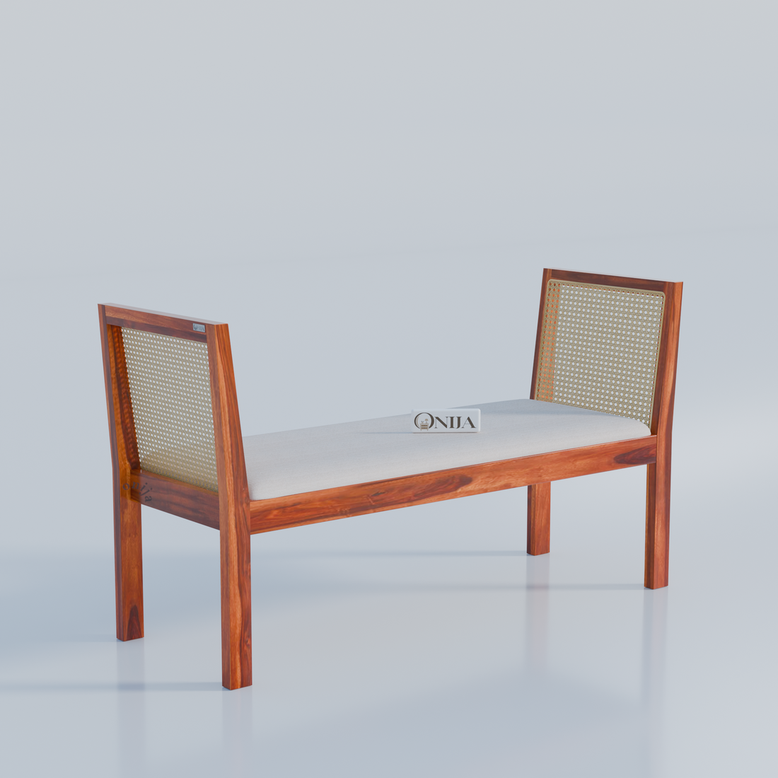 Craft D Art Sheesham Wood Cane Bench with Upholstered Seat for Living Room & Entryway
