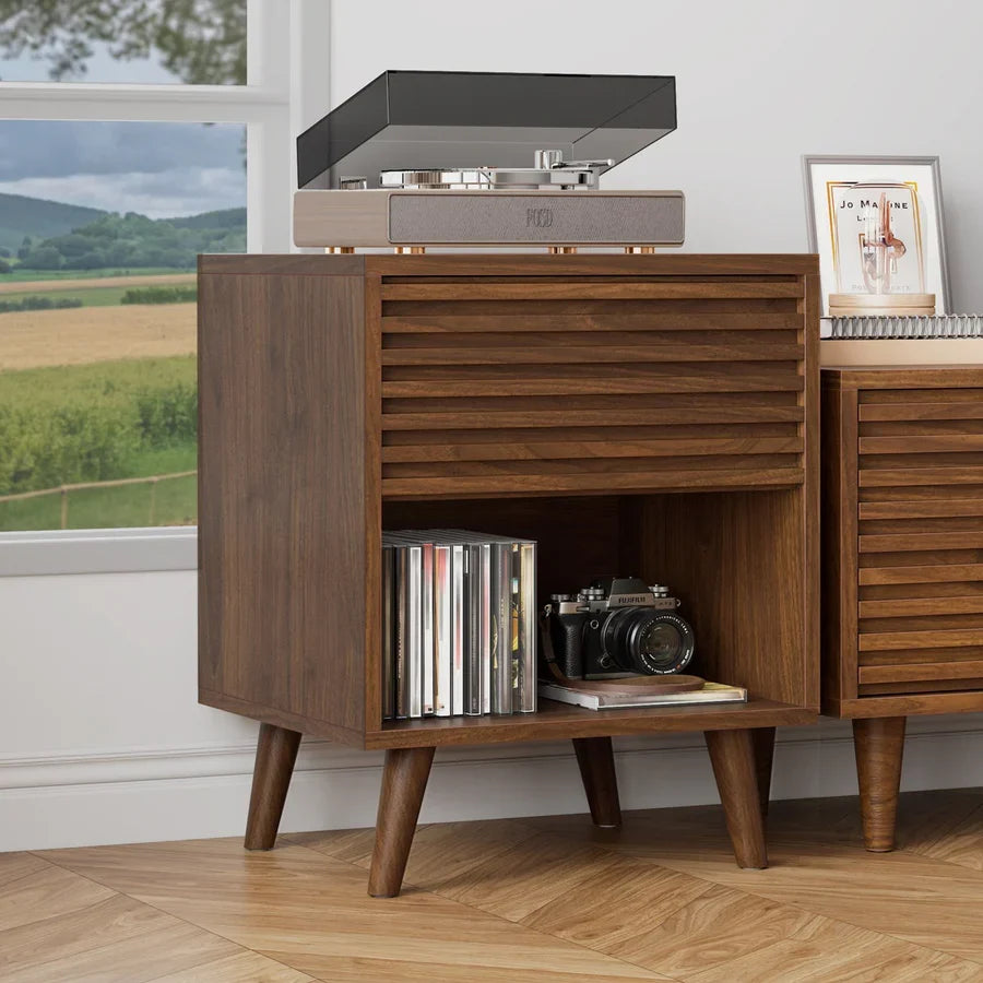 Craft D Art Wooden Bedside Table with Fluted Drawer & Open Shelf