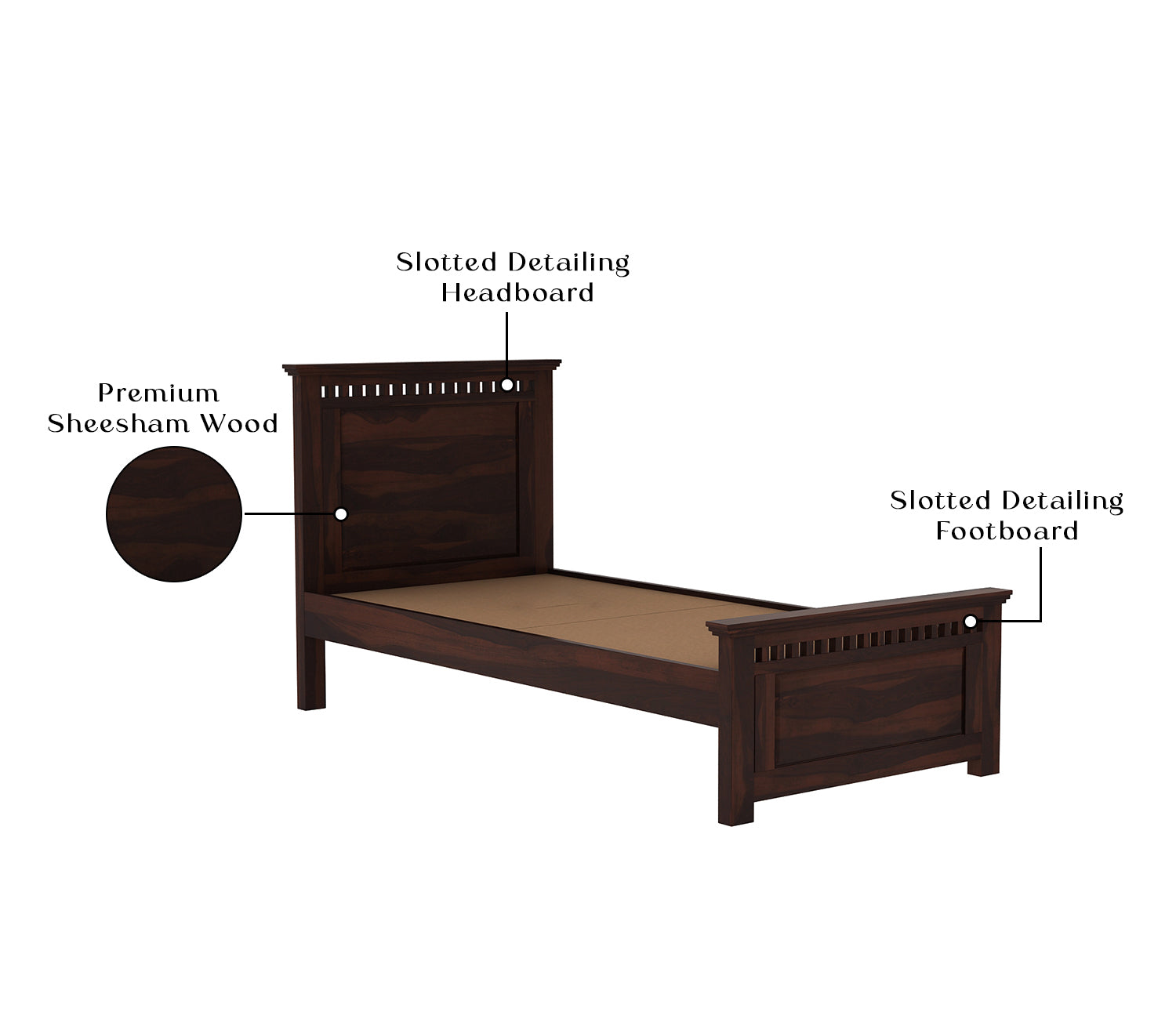 Craft D Art Sheesham Wood Single Bed Without Storage (Walnut Finish)