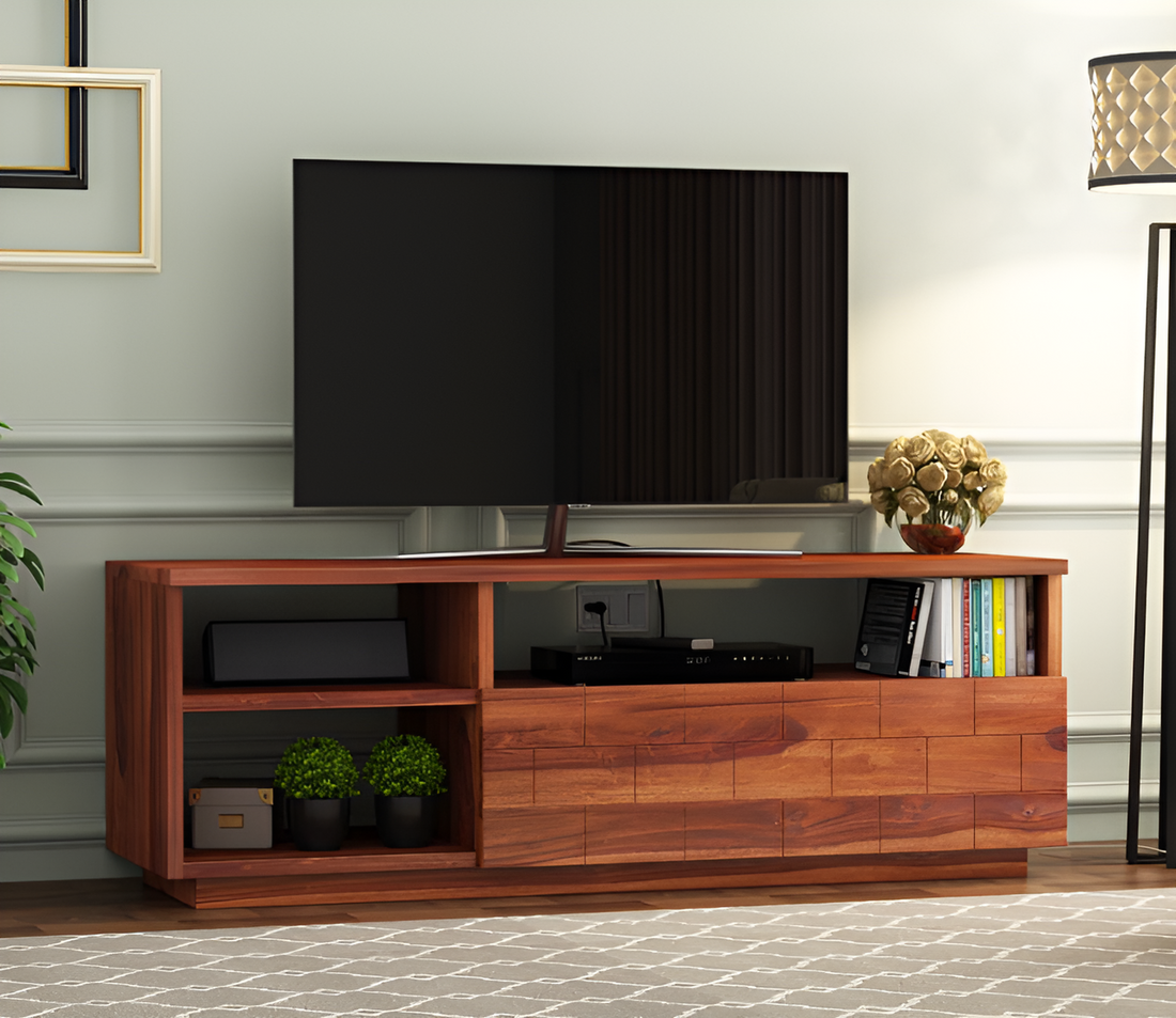 Orvathor Sheesham Wood Tv Unit with Shelf Storage (Honey Finish)