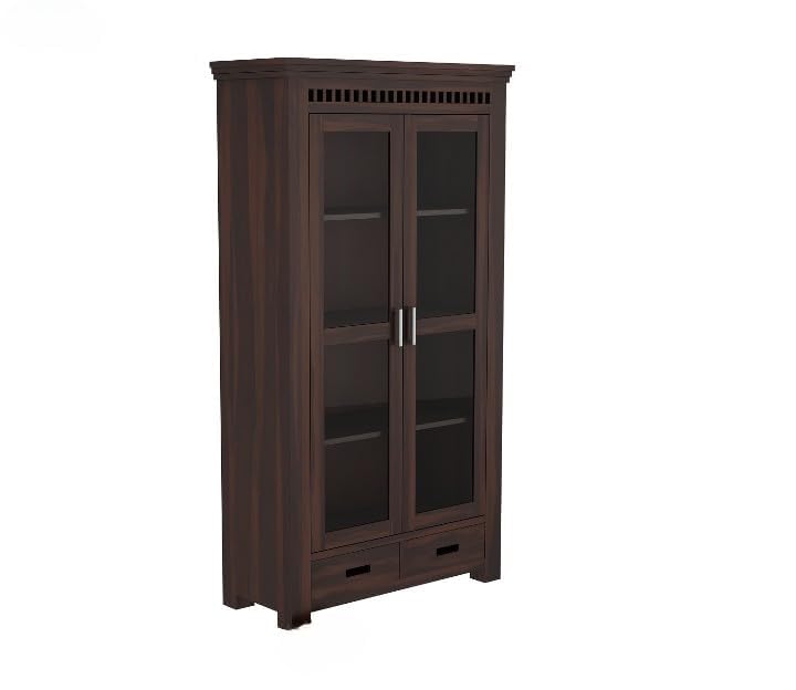 Solid Wood Glass Door Crockery & Display Cabinet with Double Drawers