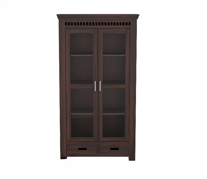 Solid Wood Glass Door Crockery & Display Cabinet with Double Drawers