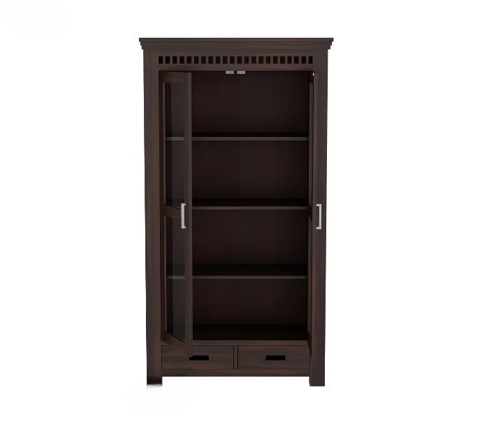 Solid Wood Glass Door Crockery & Display Cabinet with Double Drawers