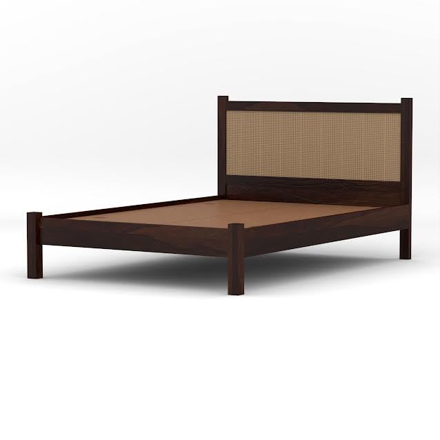 Craft D Art Solid Wood Bed with Rattan Headboard for Modern Bedrooms