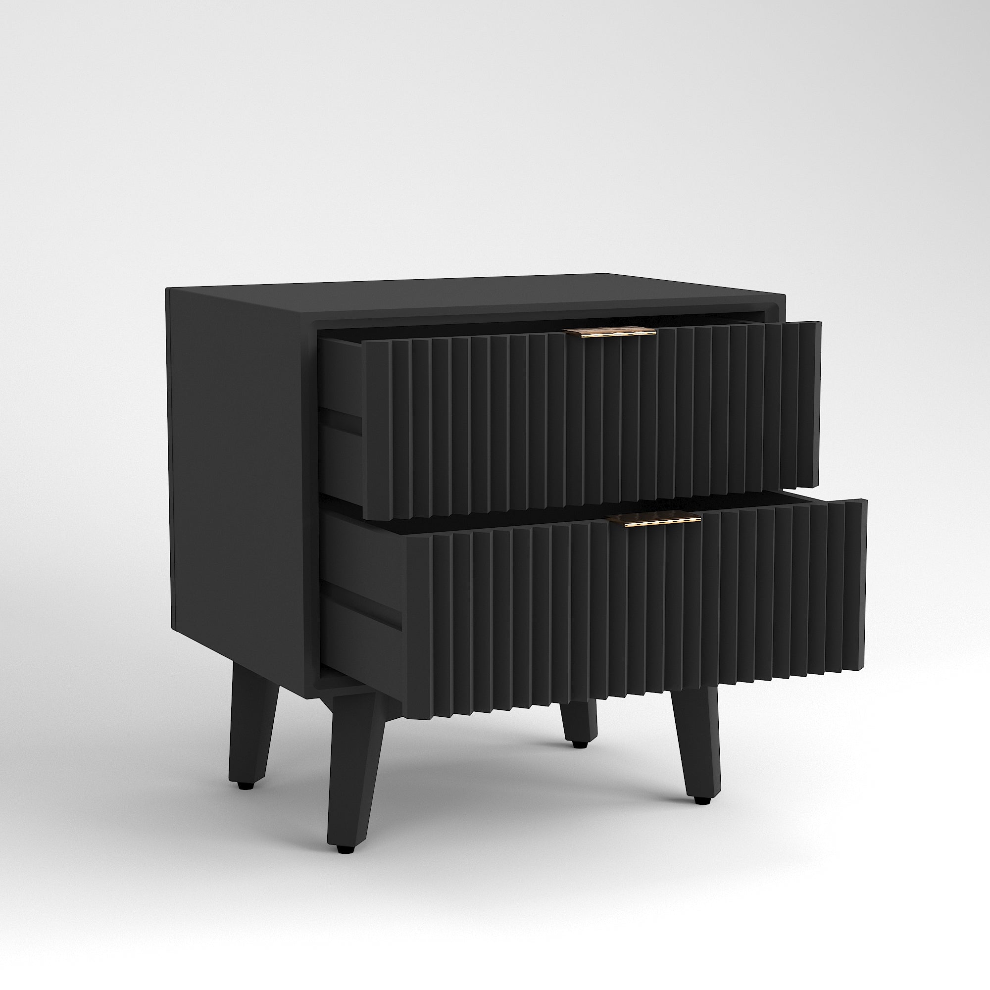 Black Fluted Bedside Table with 2 Drawers — Modern Scandinavian Style