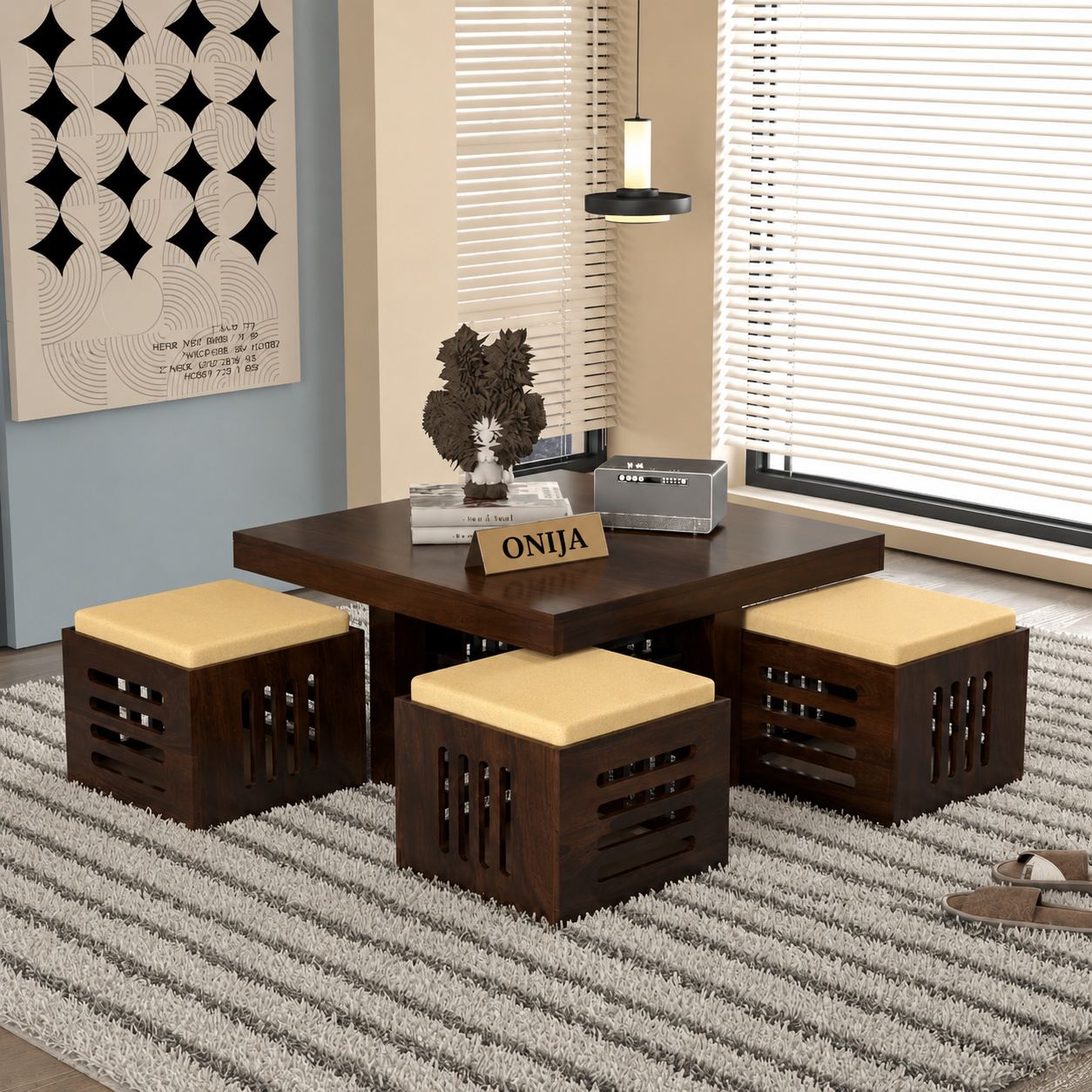 Craft D Art Furniture Solid Sheesham Wood Coffee Table with 4 Stool