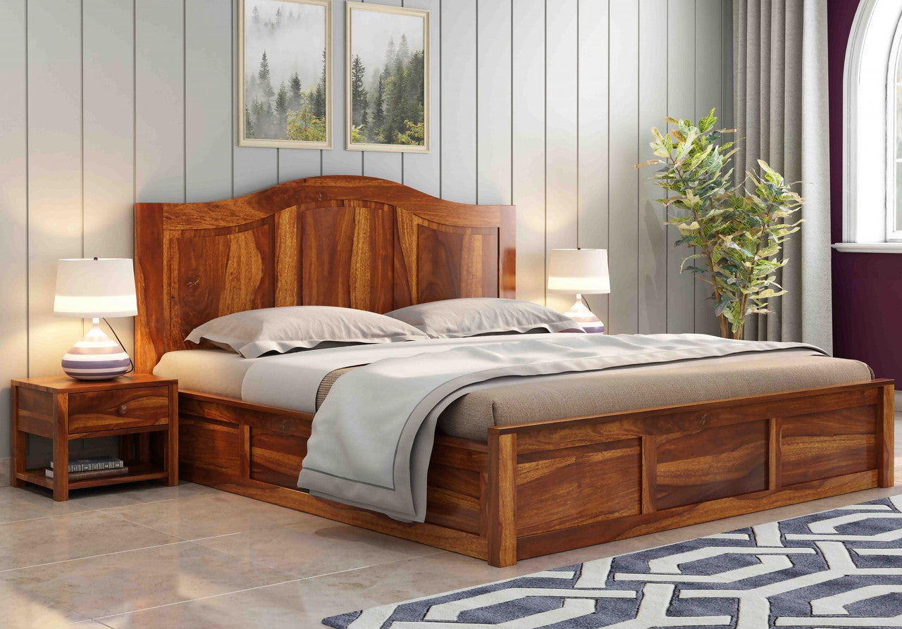 Craft D Art Sheesham Wood Queen Size Bed With Storage (Honey Finish)