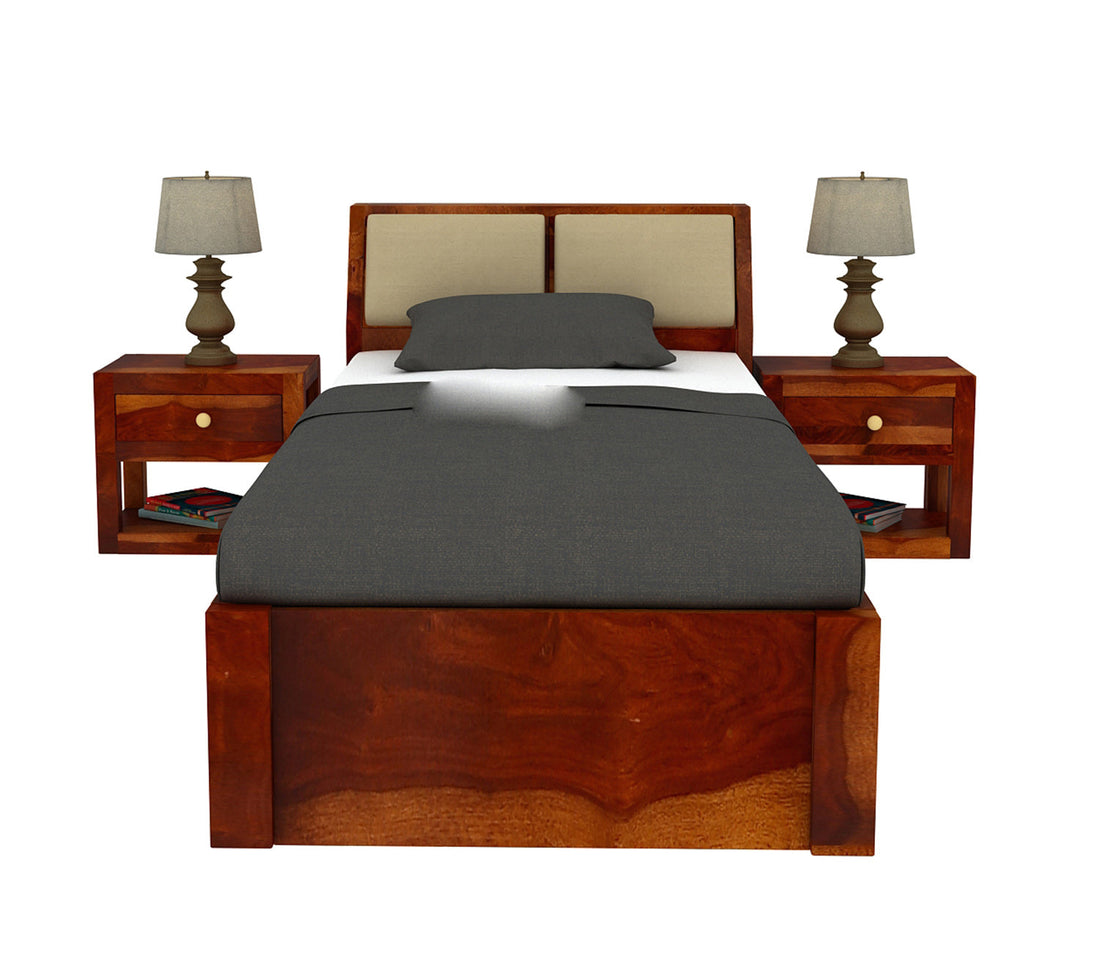 Solid Sheesham Wood Single Bed — Honey Finish | Handcrafted by Indian Artisans