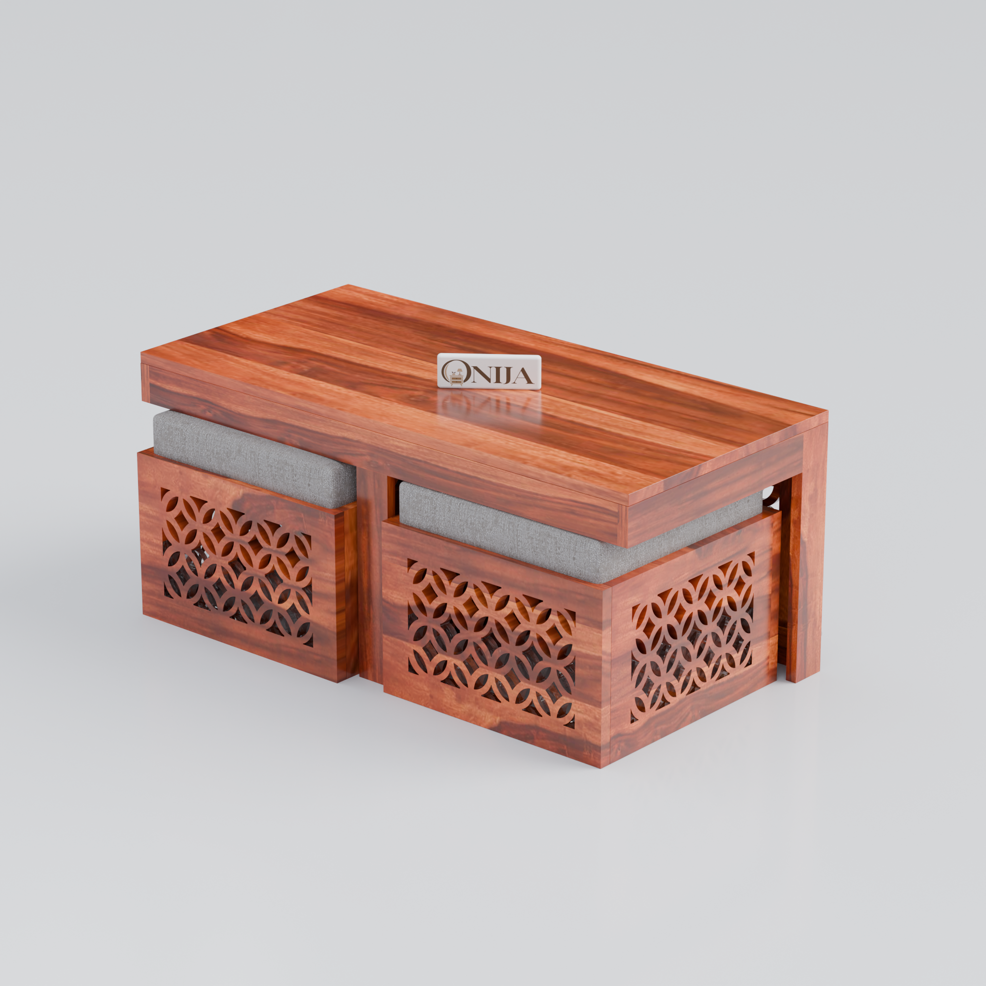 Craft D Art Sheesham Wood Center Table With Stools (Natural Finish)