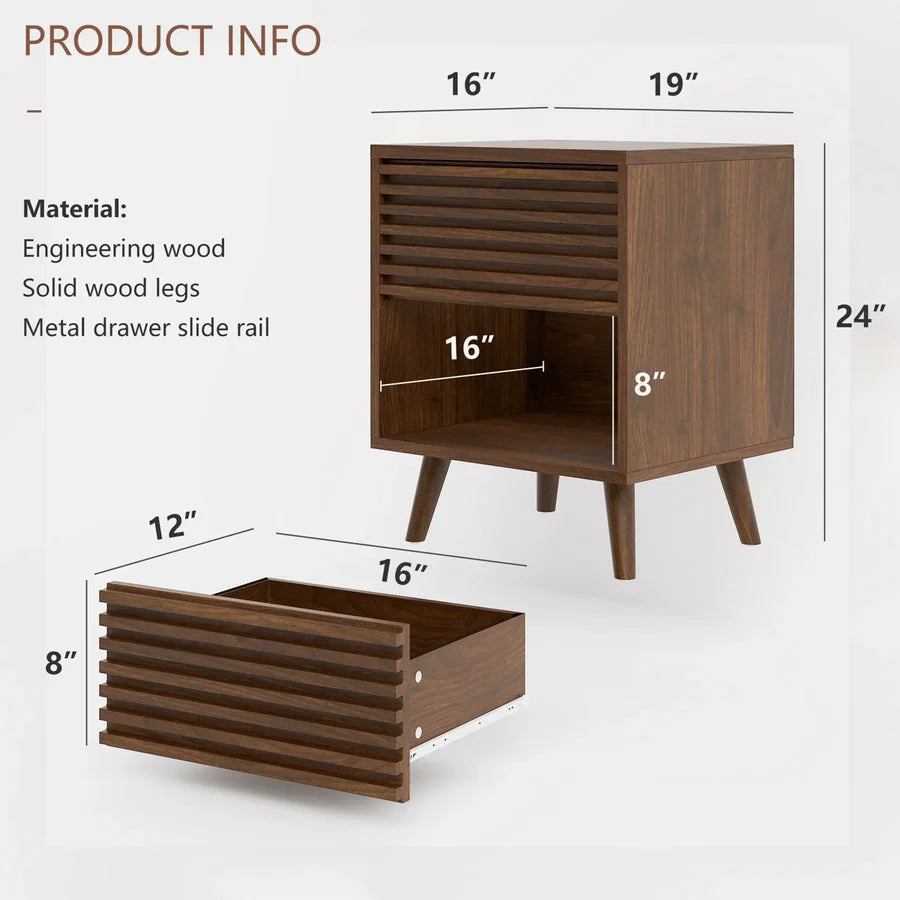 Craft D Art Wooden Bedside Table with Fluted Drawer & Open Shelf