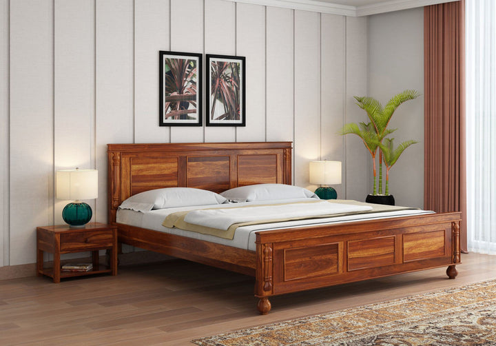 Craft D Art Sheesham Wood Queen Size Bed Without Storage (Honey Finish)