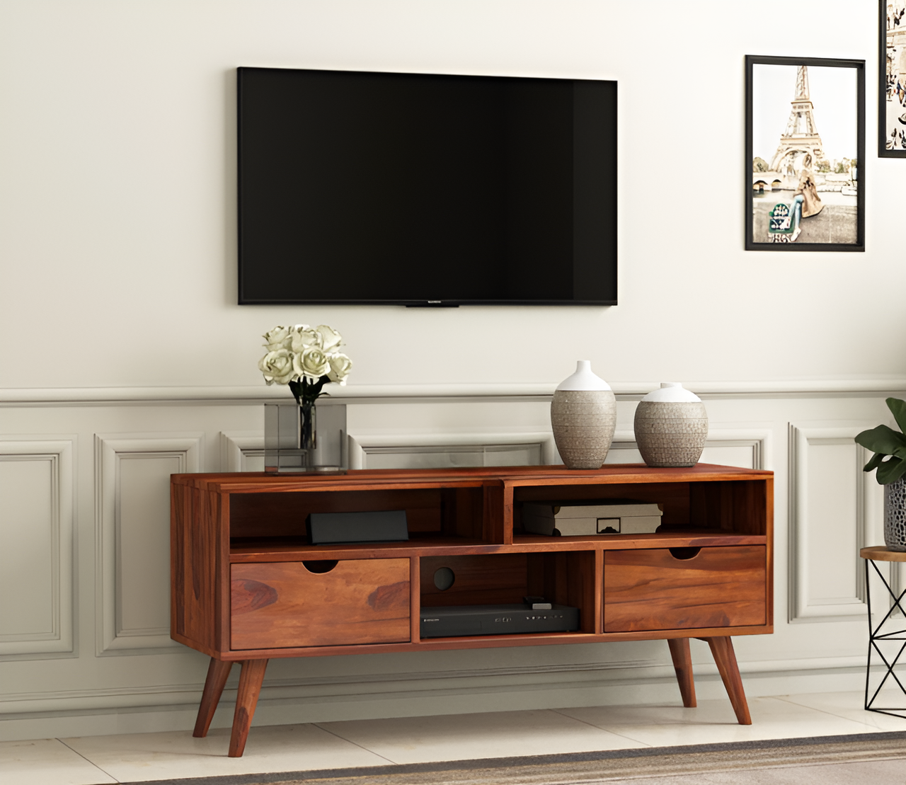 Norethian Sheesham Wood Tv Unit with Two Pull Out Drawers and Shelves (Honey Finish)