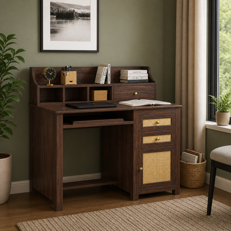Craft D Art Sheesham Wood Study Table with Storage & Cane Cabinet