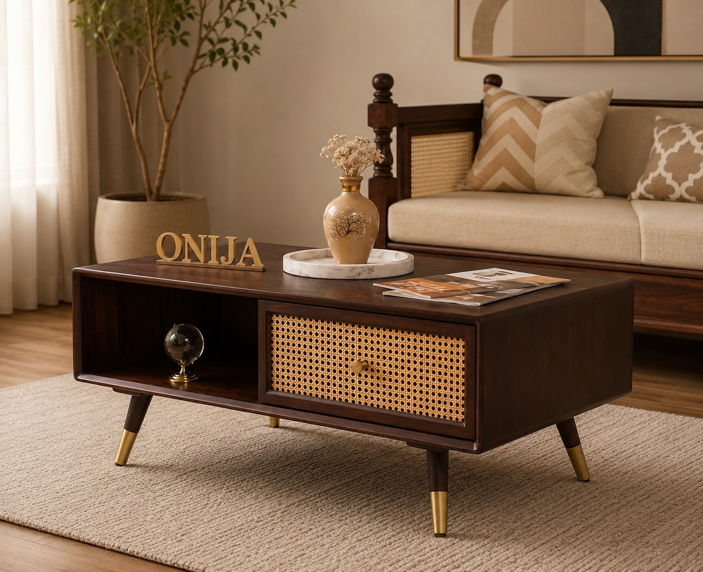 Craft D Art Wooden Coffee Table with Rattan Drawer & Open Storage