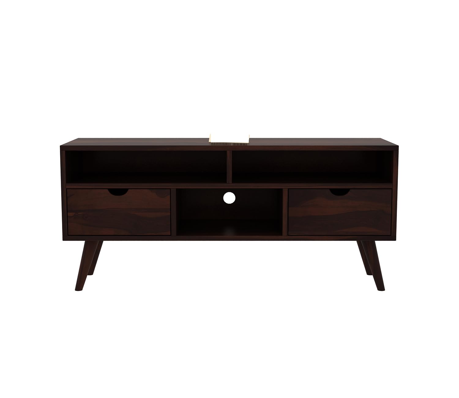 Norethian Sheesham Wood Tv Unit with Two Pull Out Drawers and Shelves (Honey Finish)