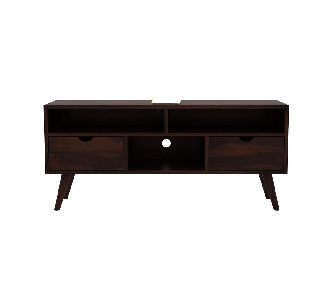 Norethian Sheesham Wood Tv Unit with Two Pull Out Drawers and Shelves (Honey Finish)