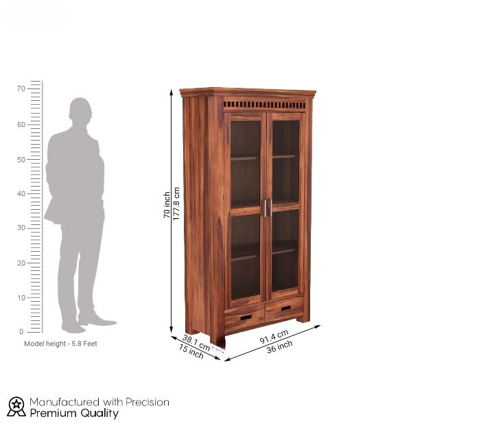 Solid Wood Glass Door Crockery & Display Cabinet with Double Drawers