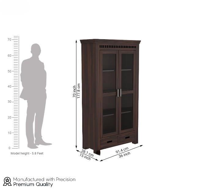 Solid Wood Glass Door Crockery & Display Cabinet with Double Drawers