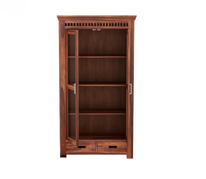 Solid Wood Glass Door Crockery & Display Cabinet with Double Drawers