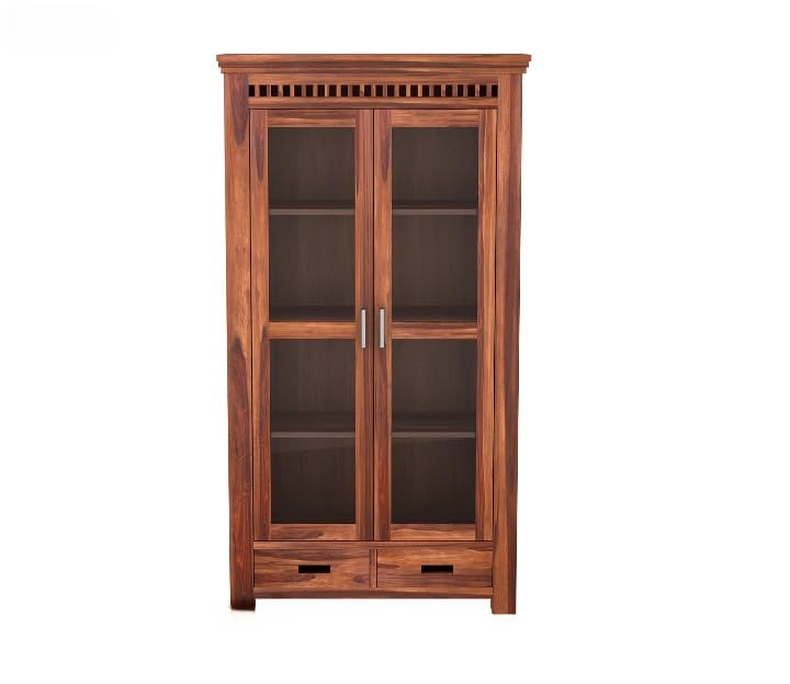 Solid Wood Glass Door Crockery & Display Cabinet with Double Drawers