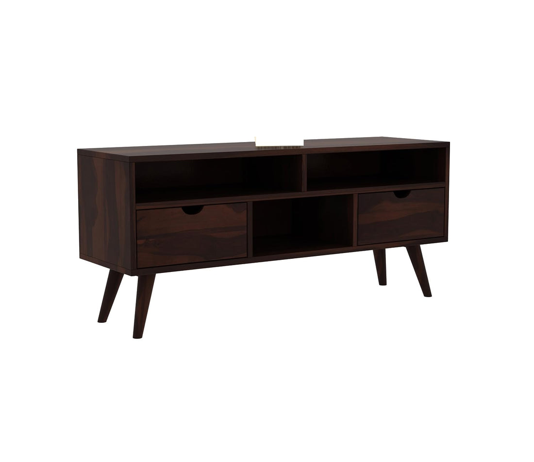 Norethian Sheesham Wood Tv Unit with Two Pull Out Drawers and Shelves (Honey Finish)
