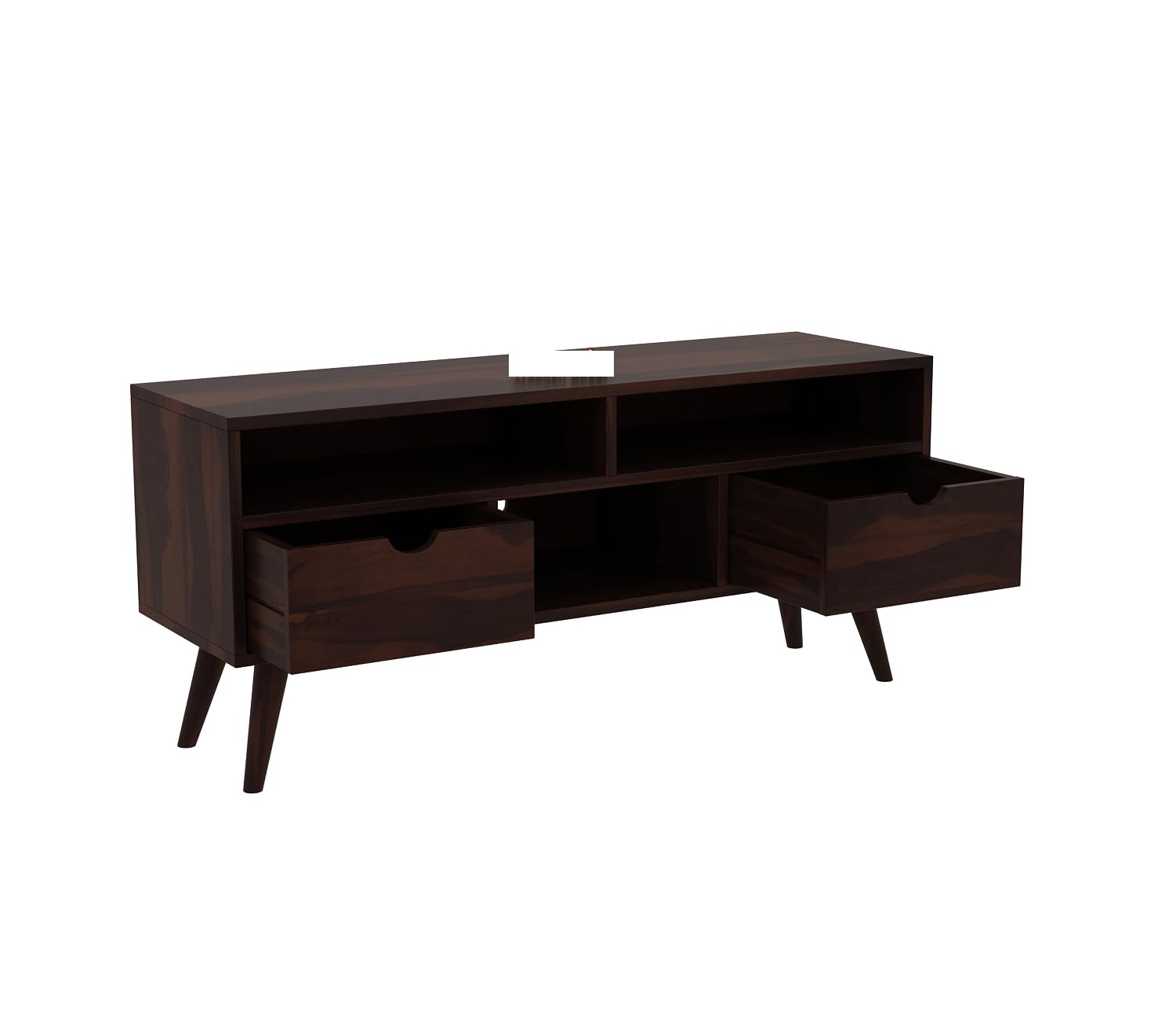 Norethian Sheesham Wood Tv Unit with Two Pull Out Drawers and Shelves (Honey Finish)