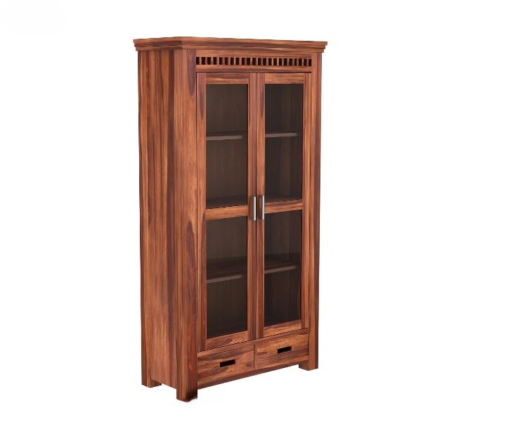 Solid Wood Glass Door Crockery & Display Cabinet with Double Drawers