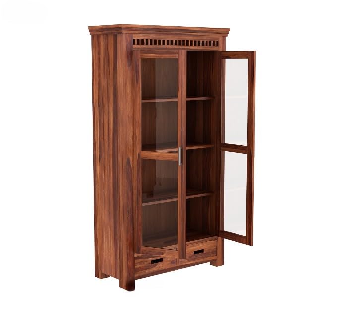 Solid Wood Glass Door Crockery & Display Cabinet with Double Drawers