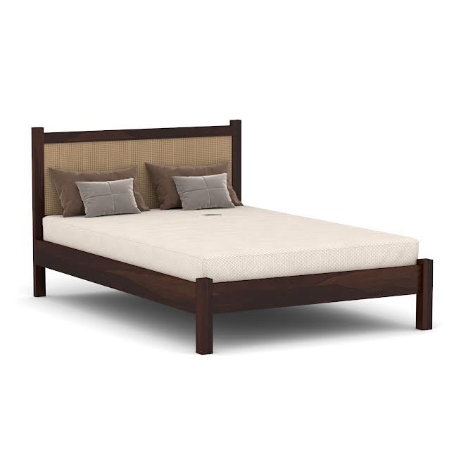 Craft D Art Solid Wood Bed with Rattan Headboard for Modern Bedrooms