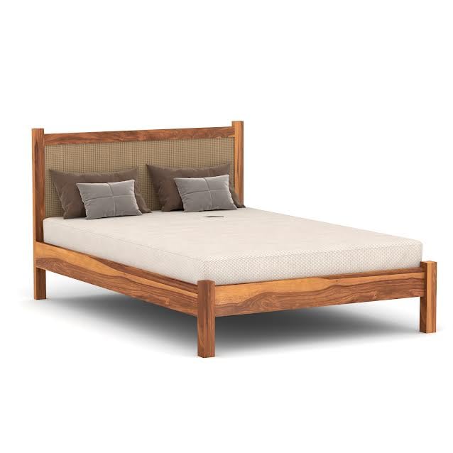 Craft D Art Solid Wood Bed with Rattan Headboard for Modern Bedrooms