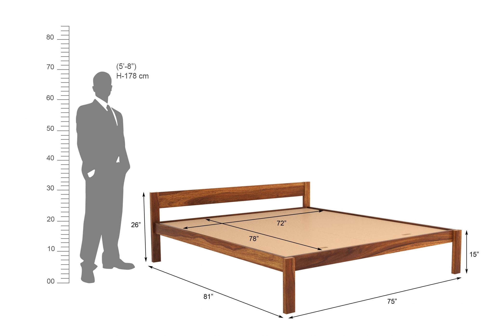 Craft D Art Sheesham Wood King Size Bed Without Storage (Honey Finish)