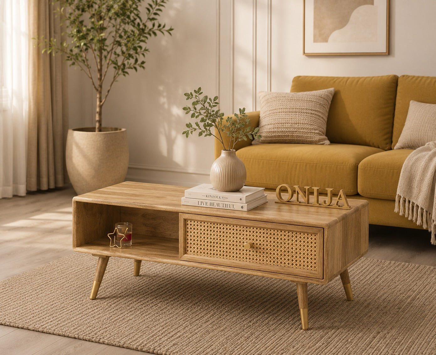 Craft D Art Wooden Coffee Table with Rattan Drawer & Open Storage