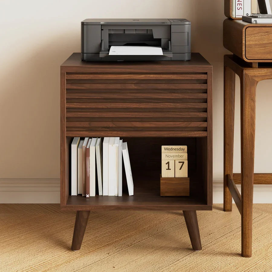 Craft D Art Wooden Bedside Table with Fluted Drawer & Open Shelf