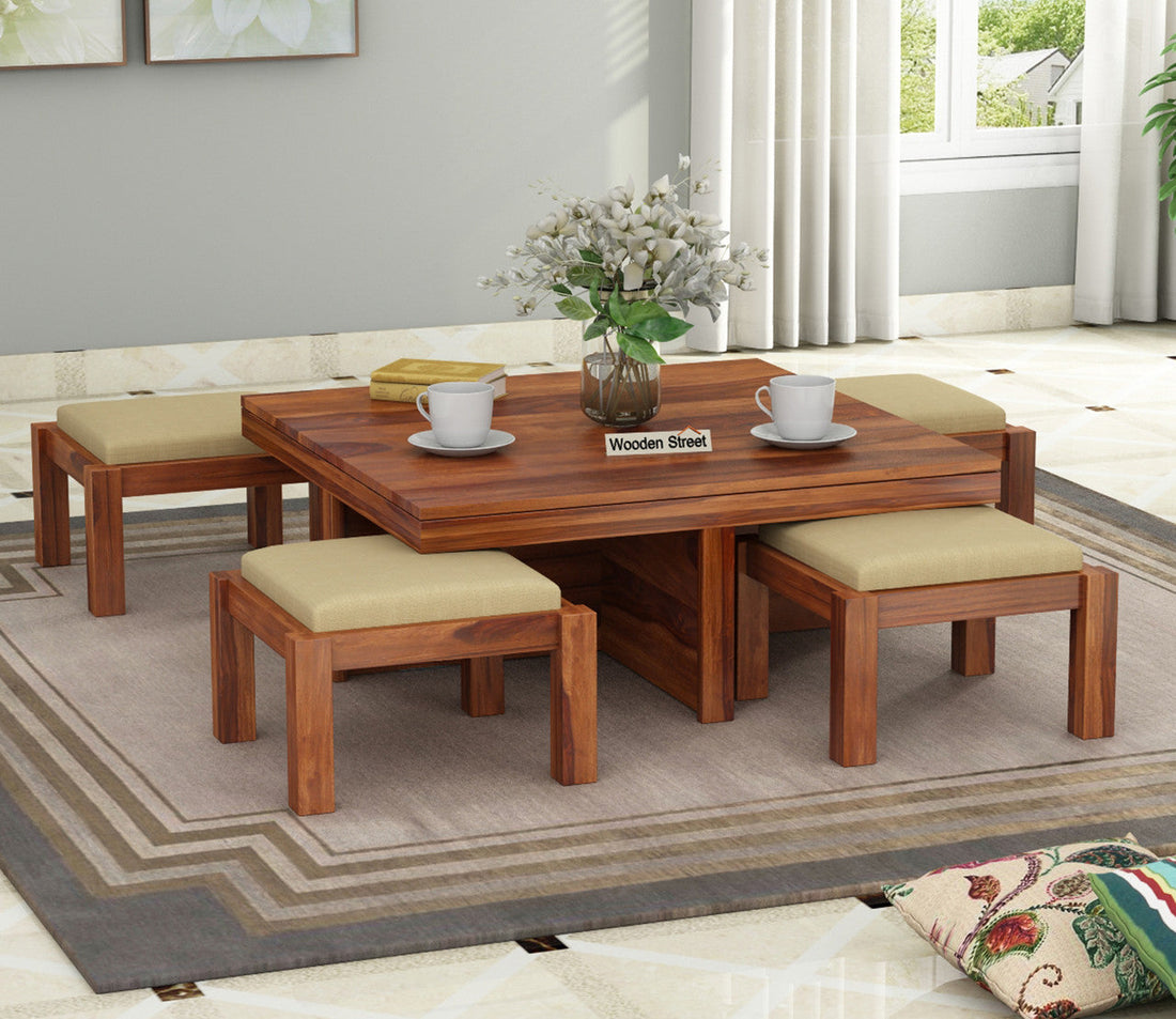 Craft D Art Sheesham Wood Center Table With Stools (Honey Finish)