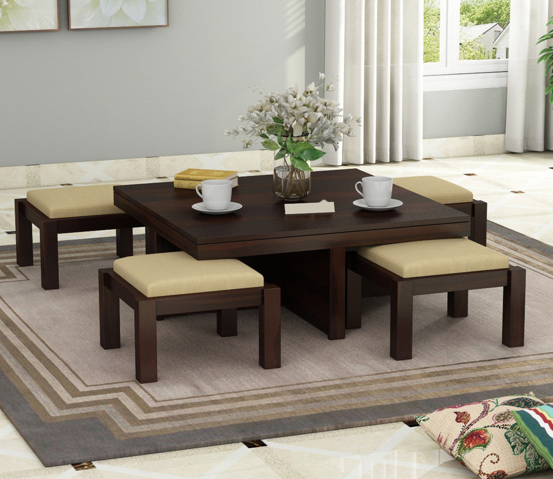 Craft D Art Sheesham Wood Center Table With Stools (Walnut Finish)