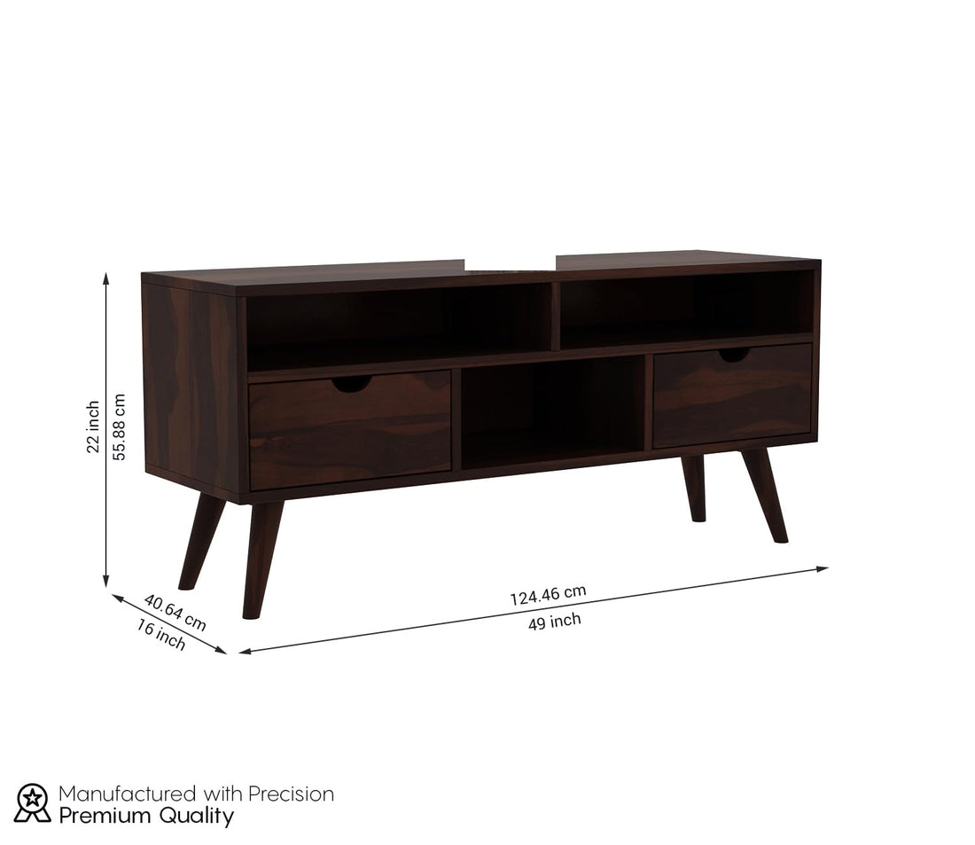 Norethian Sheesham Wood Tv Unit with Two Pull Out Drawers and Shelves (Honey Finish)