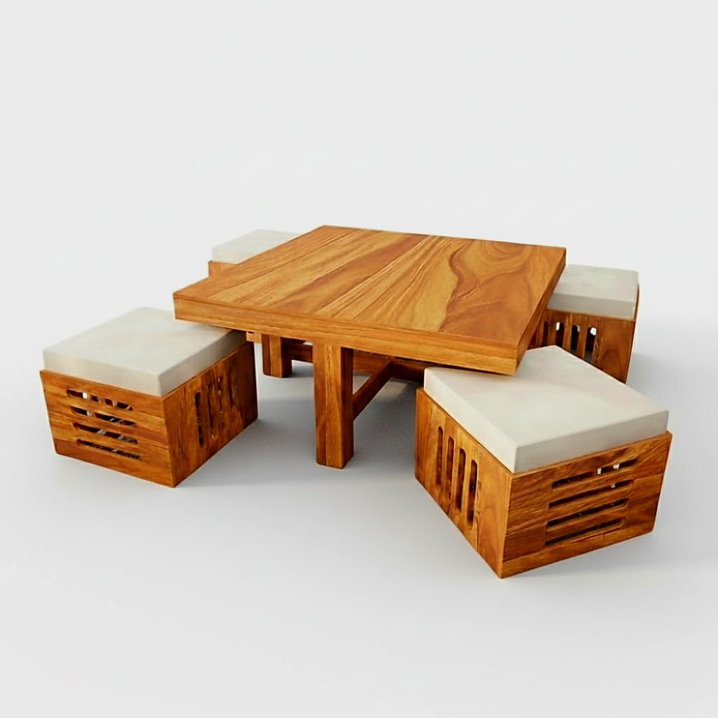 Solid Sheesham Wood Coffee Table  with 4 Cushioned Stools