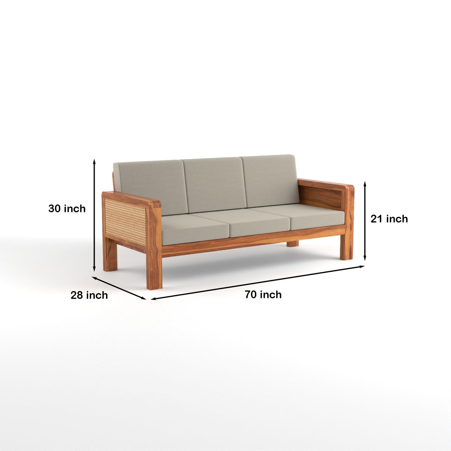 Craft D Art Solid Sheesham Wooden 6 Seater Sofa for Living Room | Solid Wood Sofa with Cane Side Panel | Rosewood Sofa Set for Home & Office | Lounge (Honey)