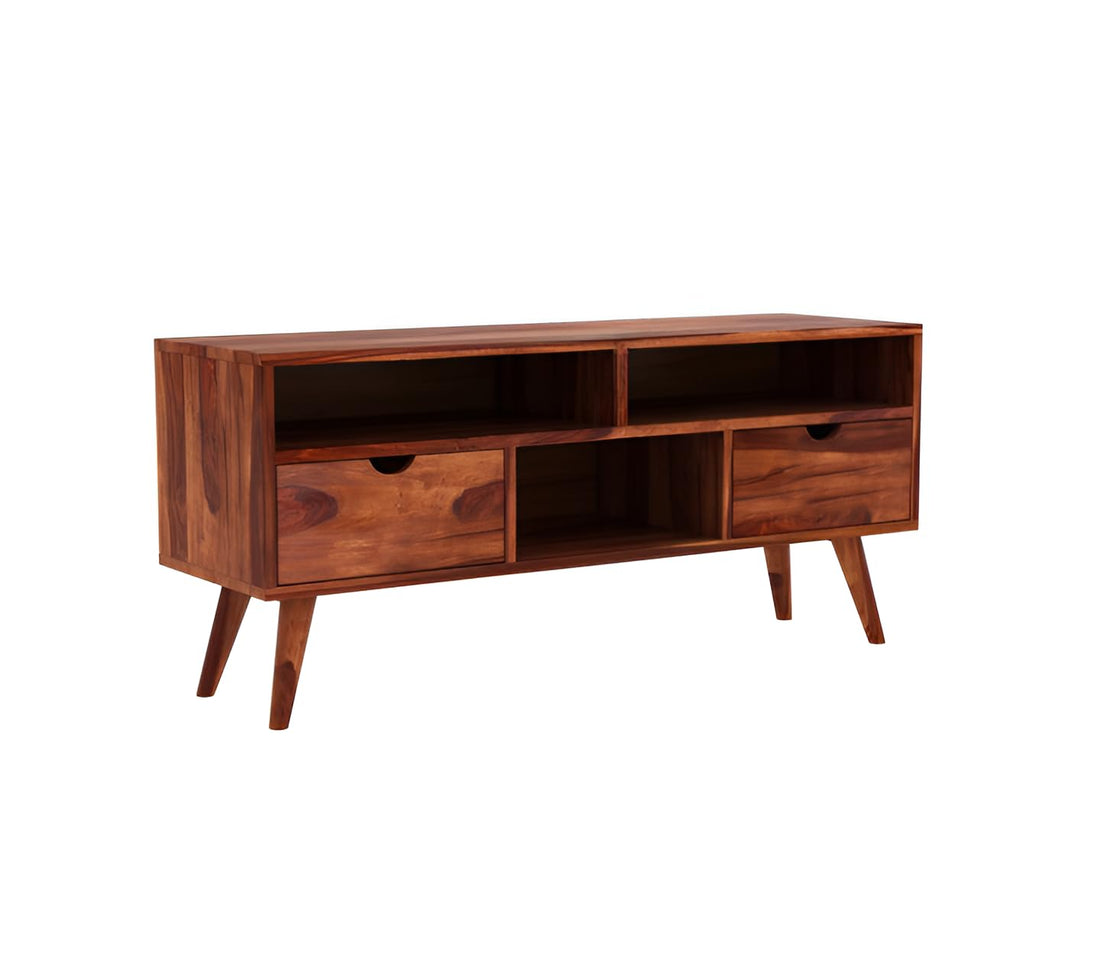 Norethian Sheesham Wood Tv Unit with Two Pull Out Drawers and Shelves (Honey Finish)