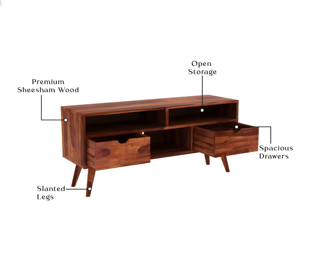 Norethian Sheesham Wood Tv Unit with Two Pull Out Drawers and Shelves (Honey Finish)