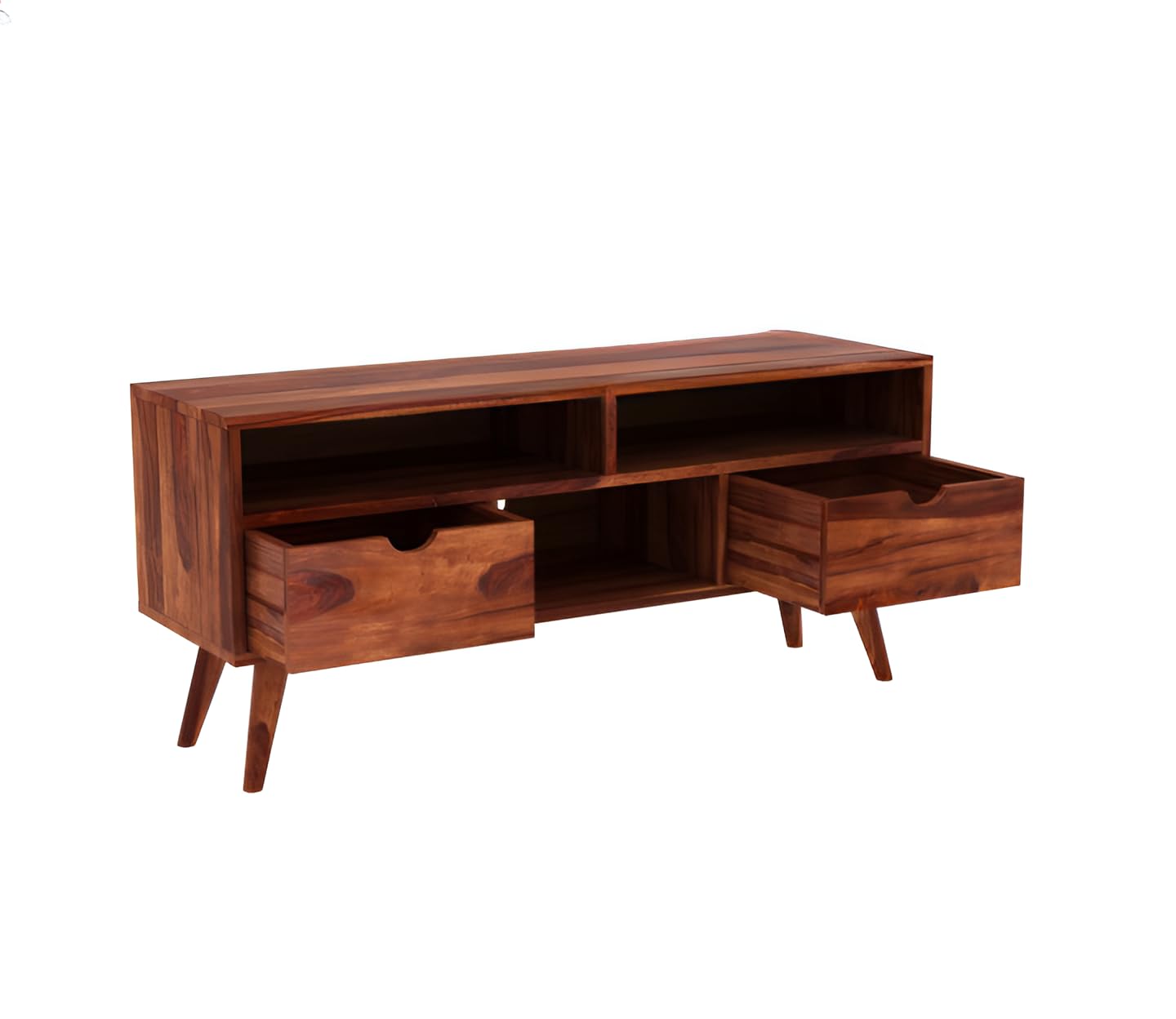 Norethian Sheesham Wood Tv Unit with Two Pull Out Drawers and Shelves (Honey Finish)