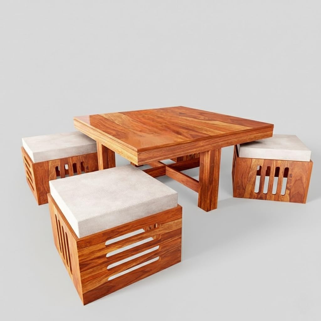 Solid Sheesham Wood Coffee Table  with 4 Cushioned Stools