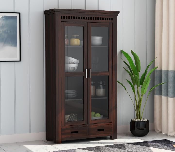 Solid Wood Glass Door Crockery & Display Cabinet with Double Drawers