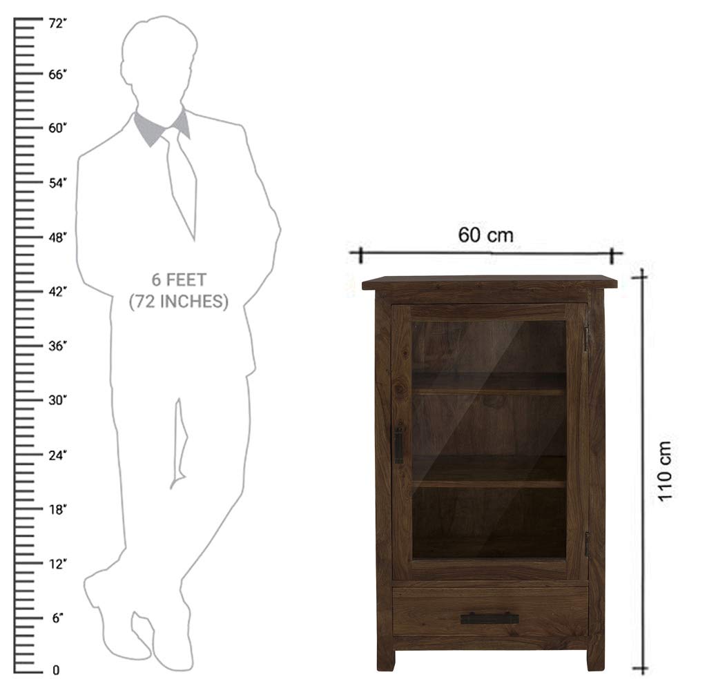 Rustic Solid Wood Glass Door Bookcase Cabinet with Drawer