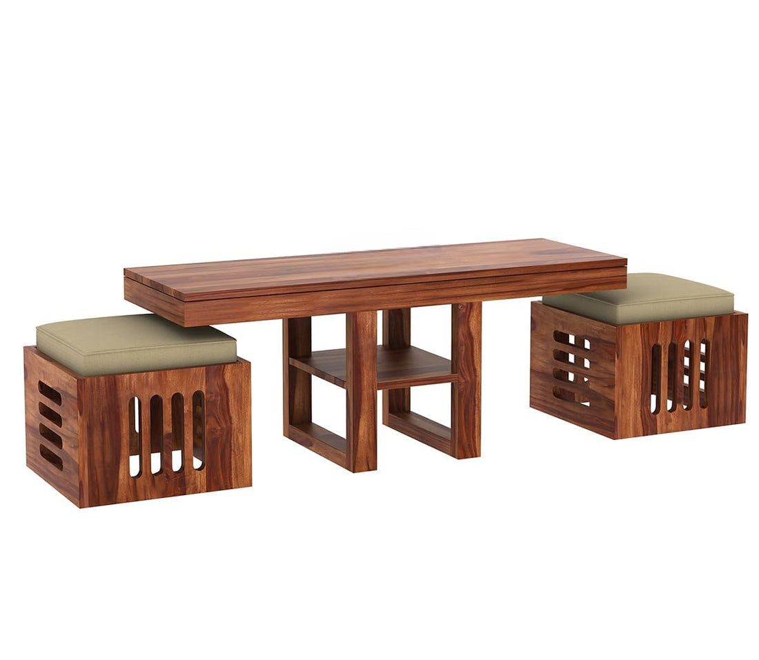 Craft D Art Solid Wood Coffee Table with Nesting Stools & Cushions