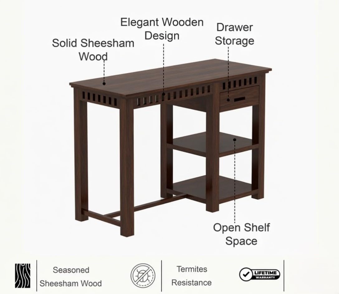 Craft D Art Sheesham Wood Study Desk with Drawer & Open Storage