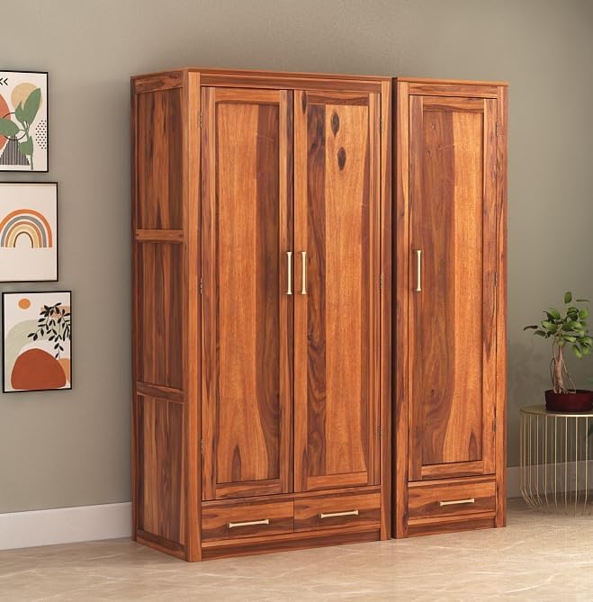 Craft D Art Solid Wood 3 Door Wardrobe with Drawers for Bedroom