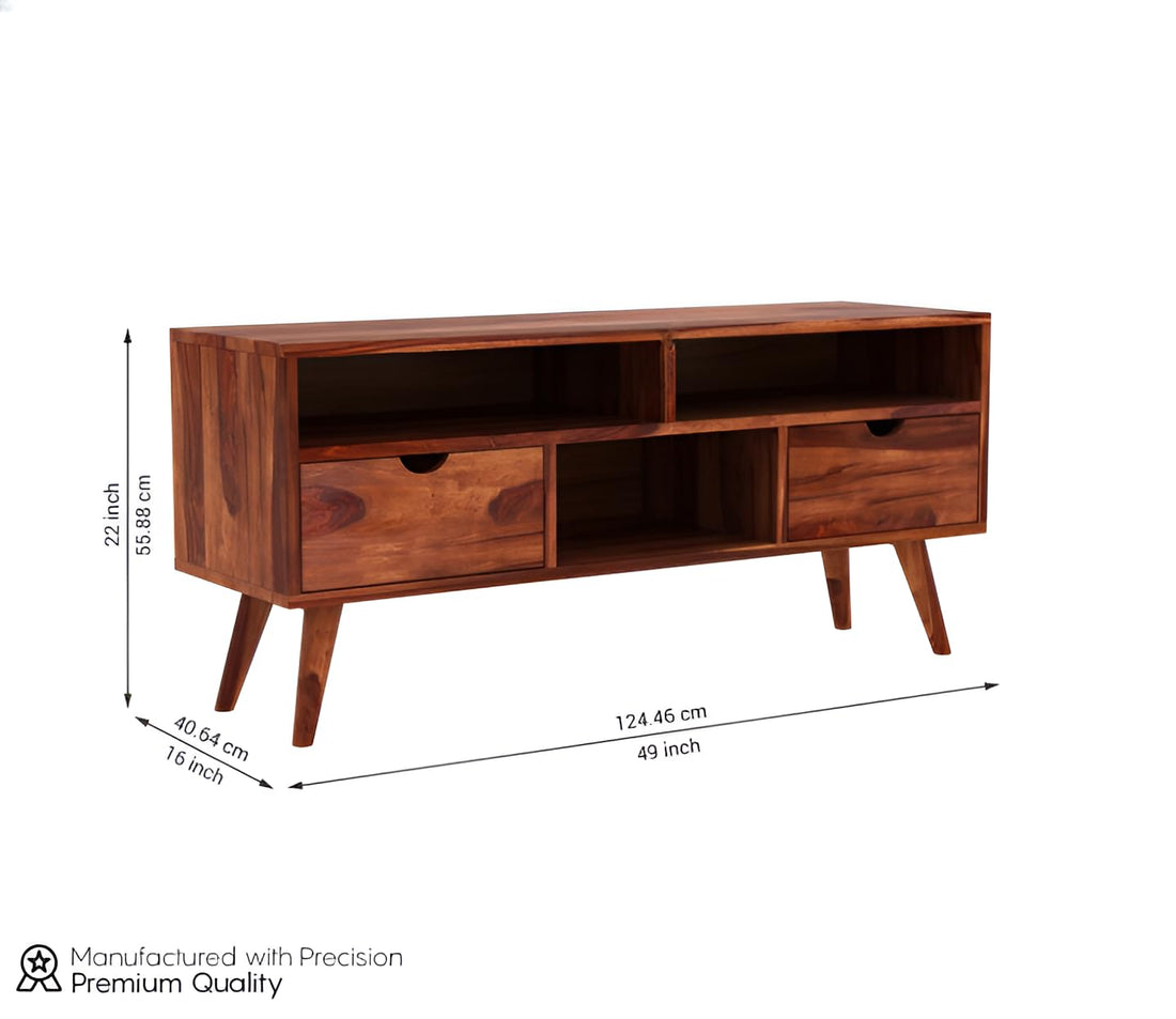 Norethian Sheesham Wood Tv Unit with Two Pull Out Drawers and Shelves (Honey Finish)